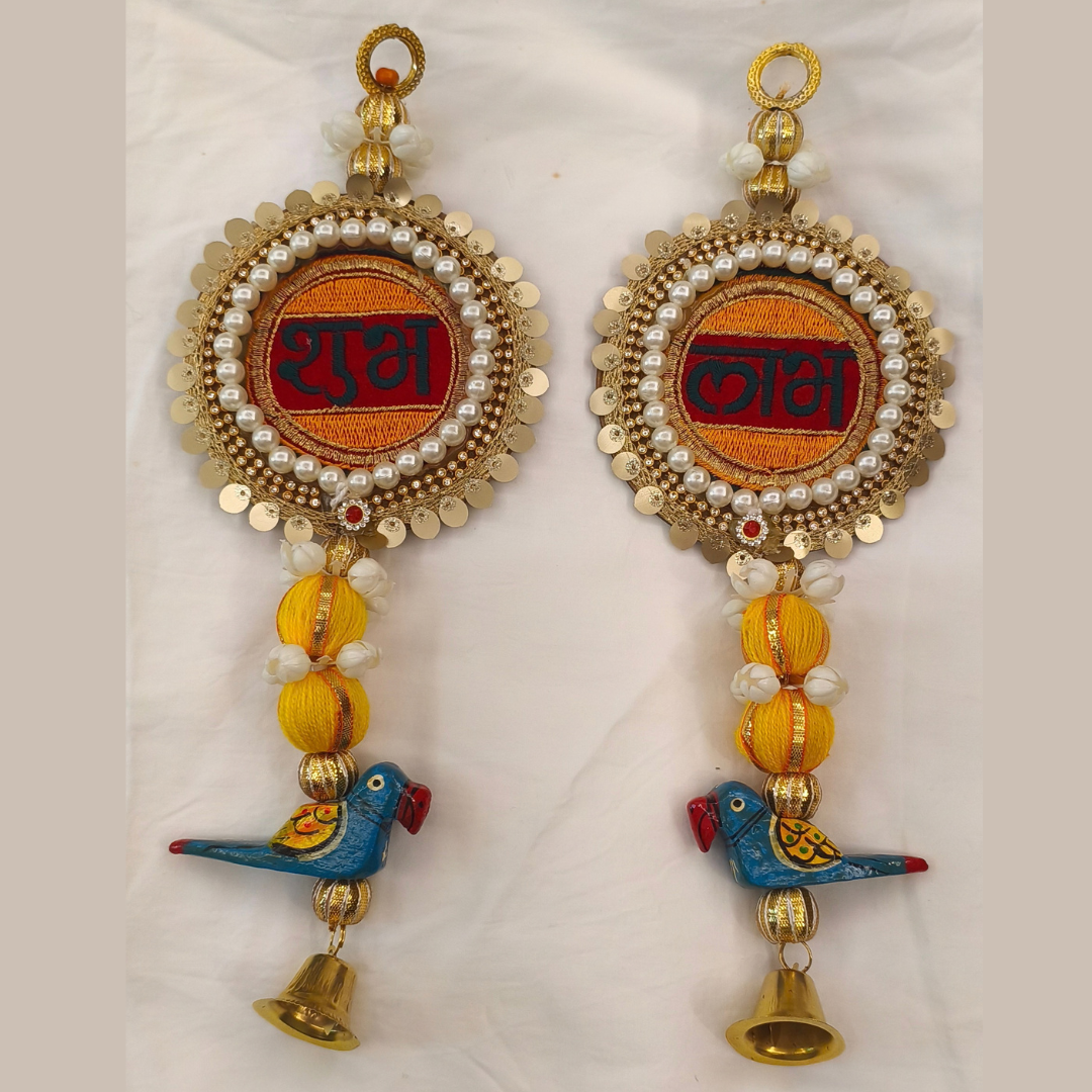 Embroidered Shubh Labh Hanging with Wooden Parrot (Set of 2)