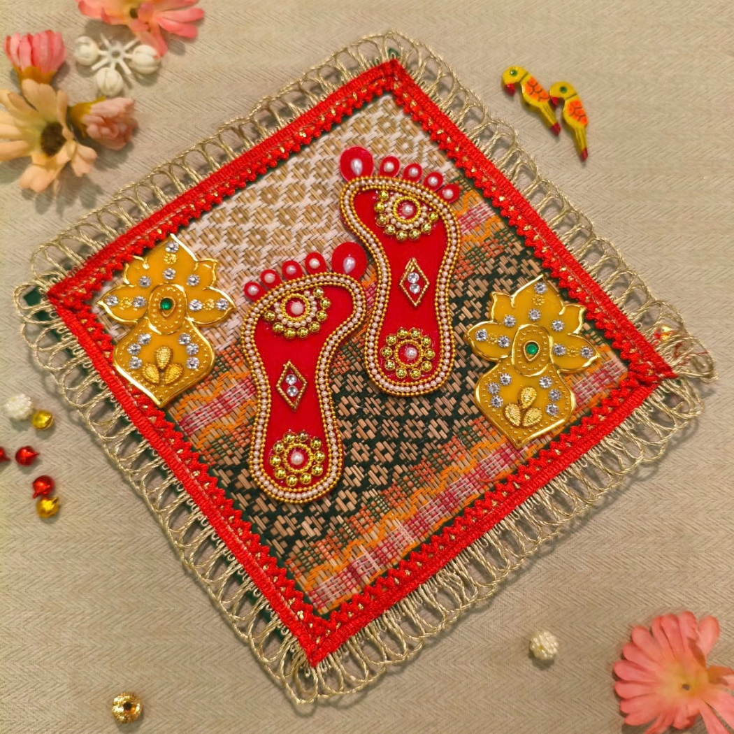 Beaded Charan with Swastik – Ornate Round Frame (Pair)