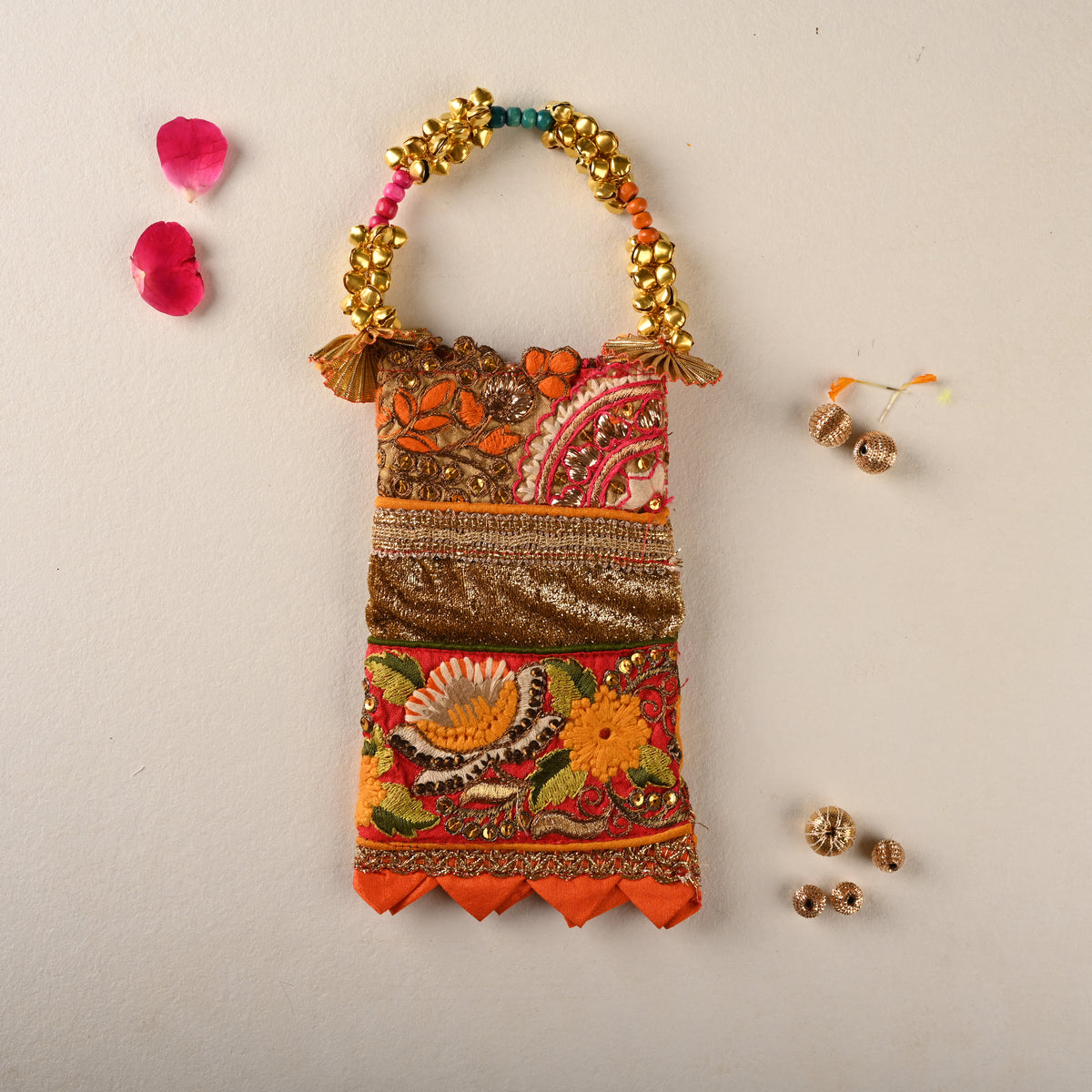 Orange Floral Patchwork Mobile Cover with Ghungroo Handle