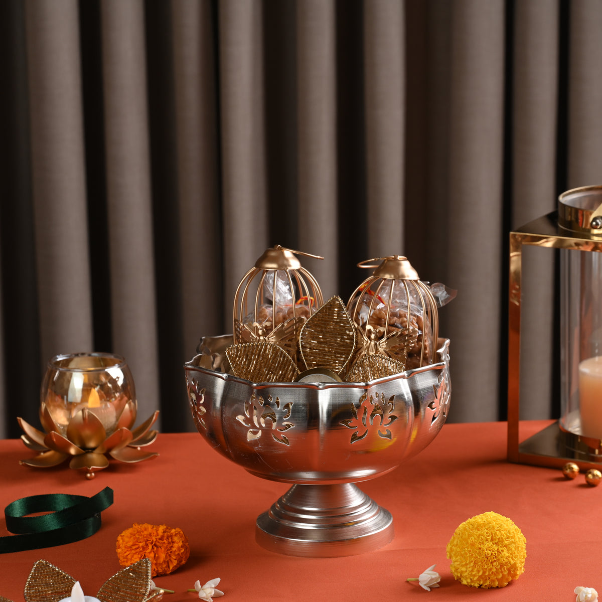 Silver Urli with Bird Cages