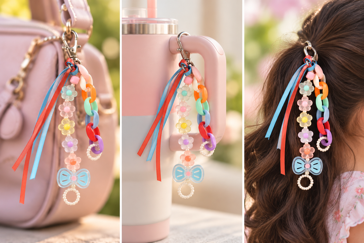 Rainbow Chain & Flower Bow Ribbon Bag Charm