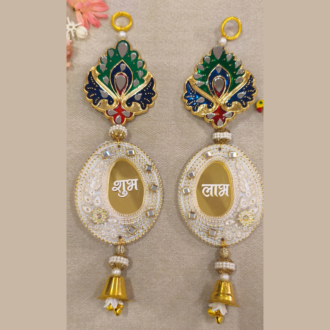 Peacock Meenakari Shubh Labh Hanging with Bells (Set of 2)