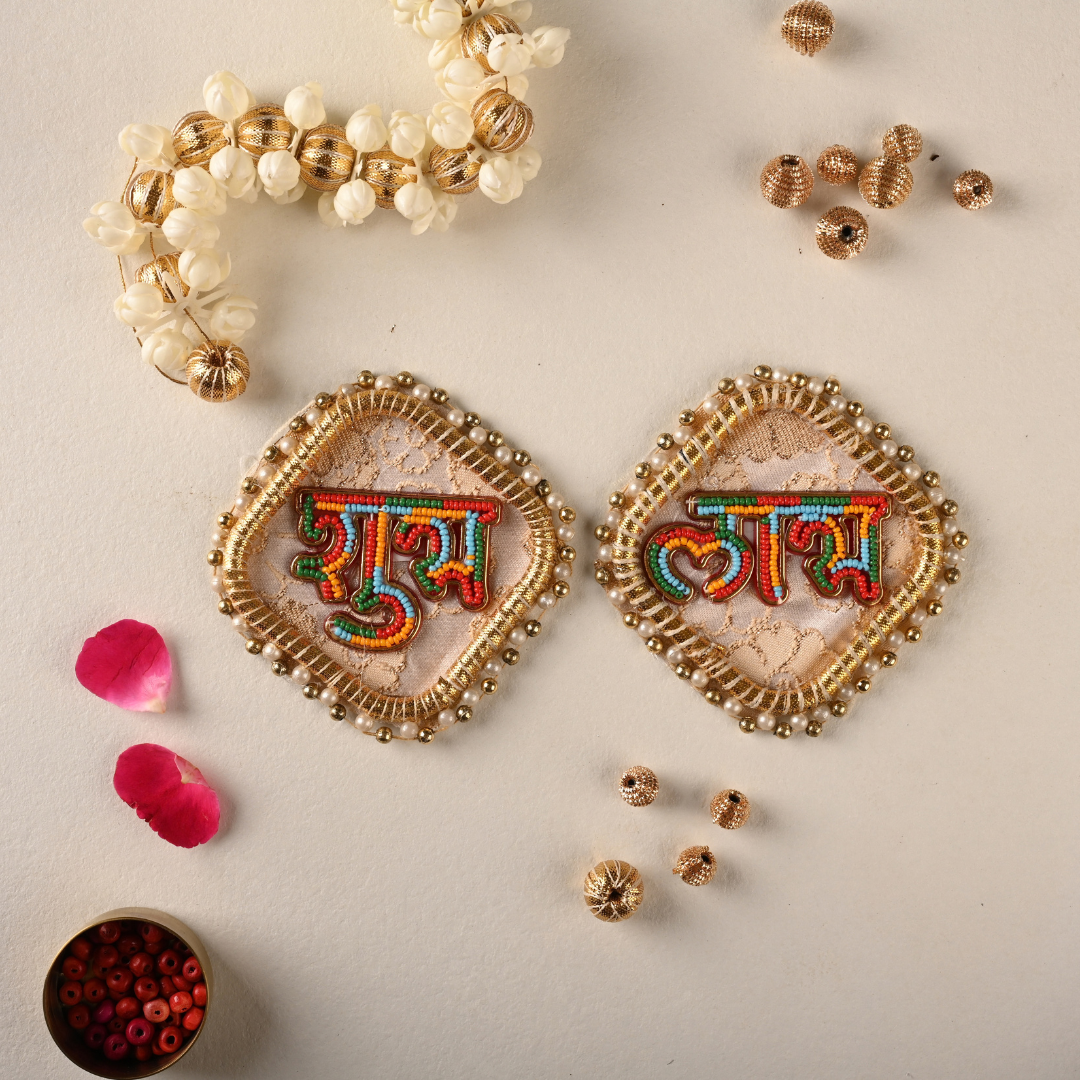 Beaded Shubh Labh on Lace with Gota and Pearl Border (Set of 2)