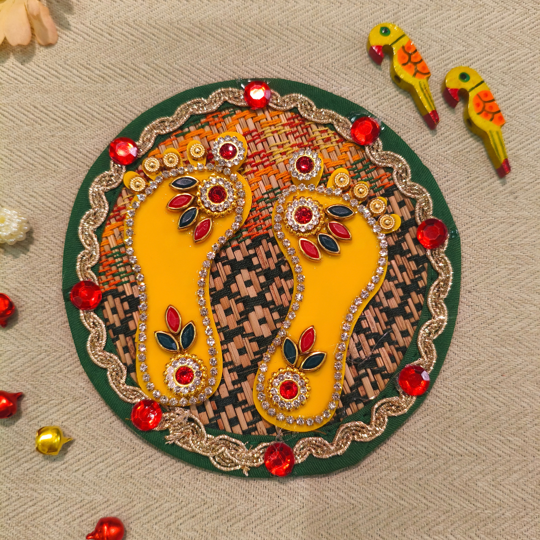 Yellow Laxmi Charan on Round Sikki Mat (Pair)
