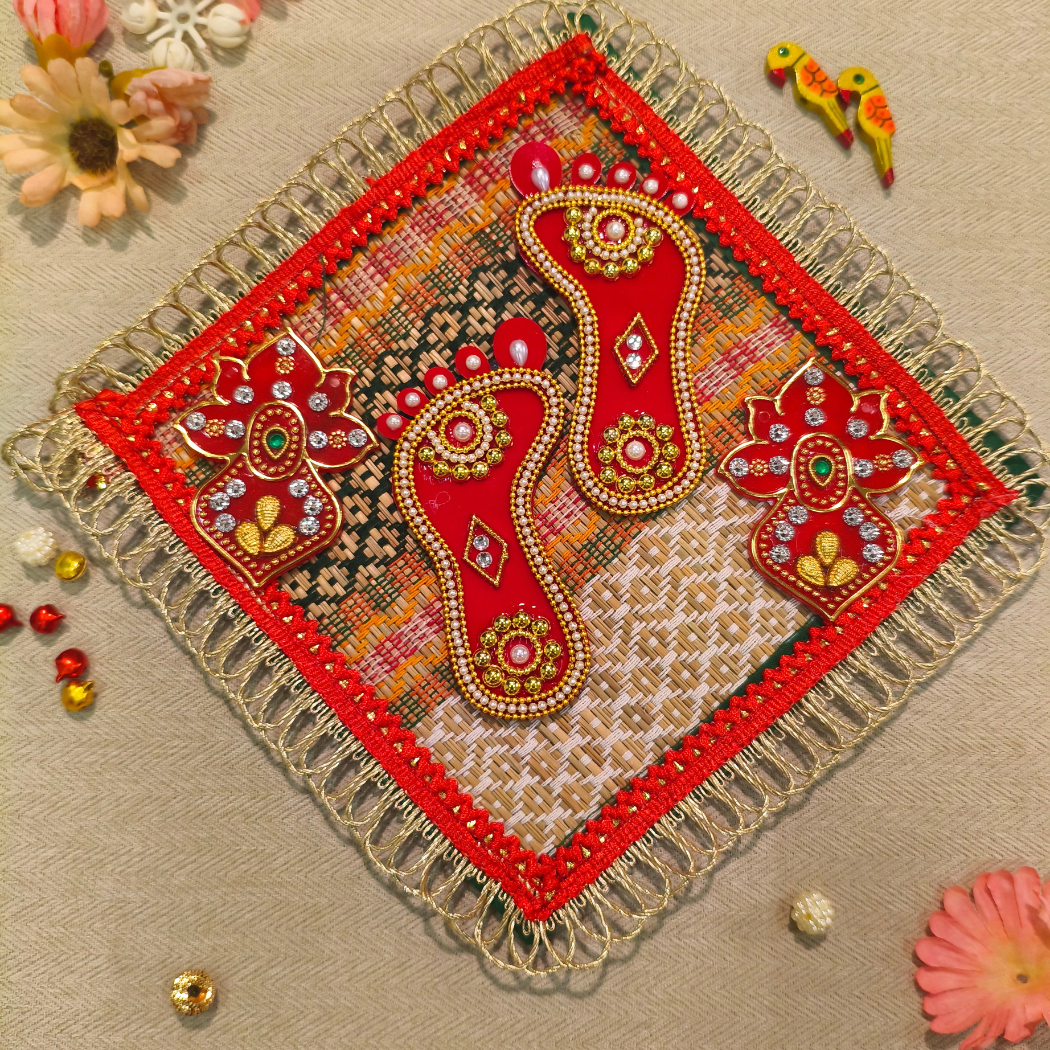 Beaded Charan with Swastik – Ornate Round Frame (Pair)