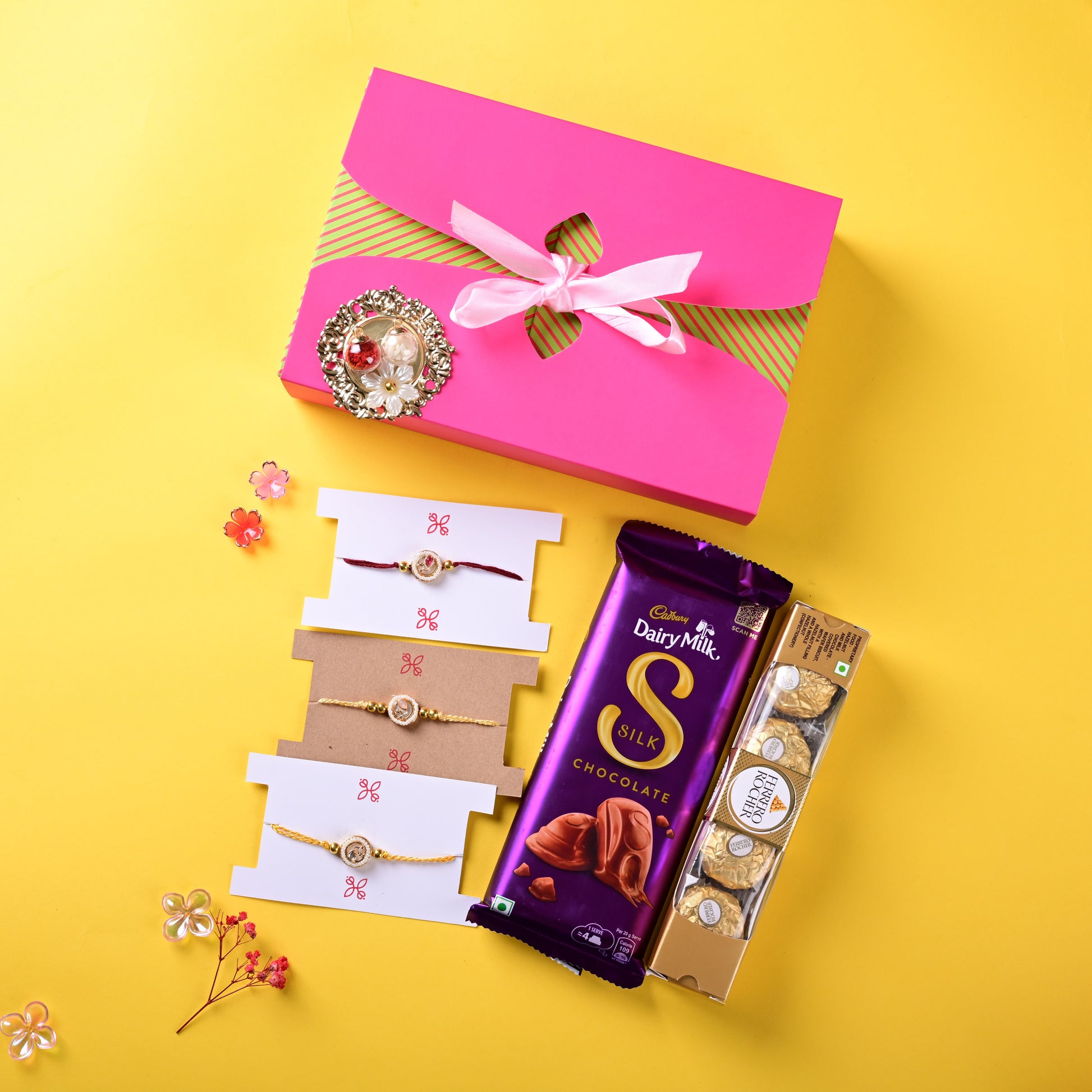Traditional Kundan Rakhi Set Hamper with Silk & Ferrero Rocher