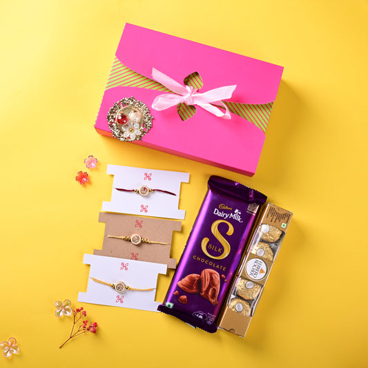 Traditional Kundan Rakhi Set Hamper with Silk & Ferrero Rocher
