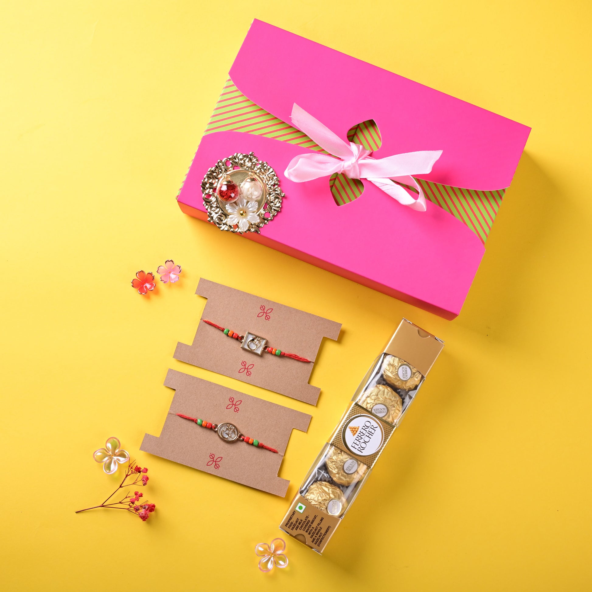 Traditional Kundan Rakhi Set Hamper with Ferrero Rocher