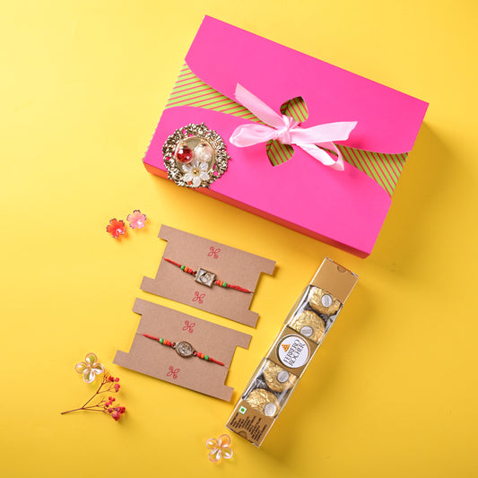 Traditional Kundan Rakhi Set Hamper with Ferrero Rocher