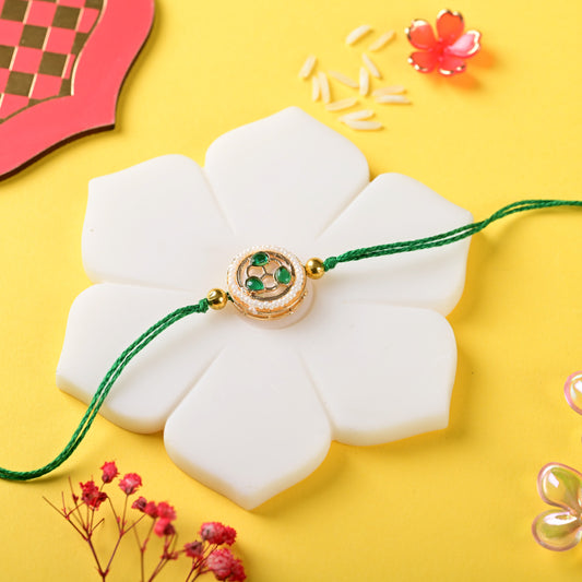 3 Stoned Green Circular Kundan Rakhi