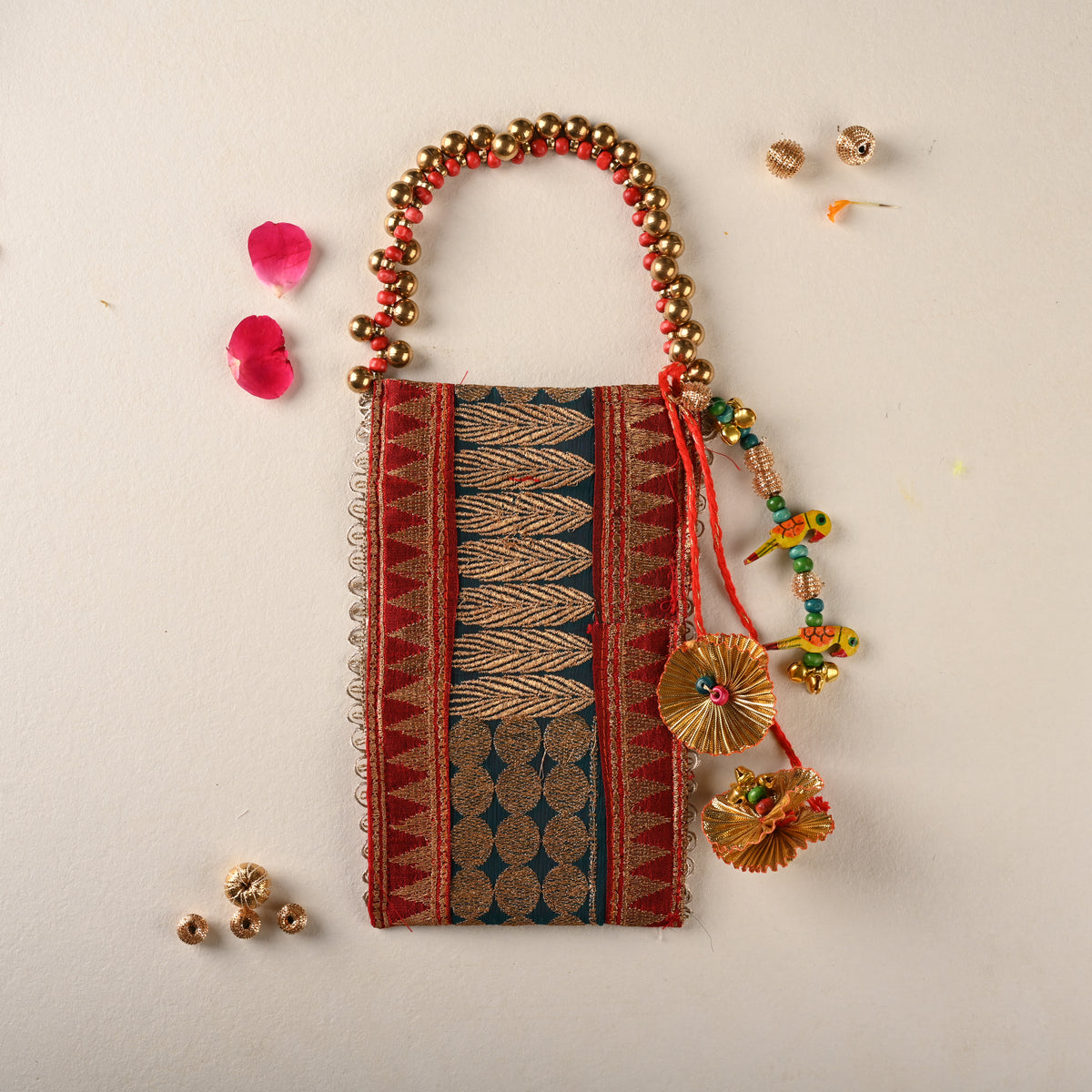 Teal & Maroon Zari Embroidered Mobile Cover with Beaded Handle