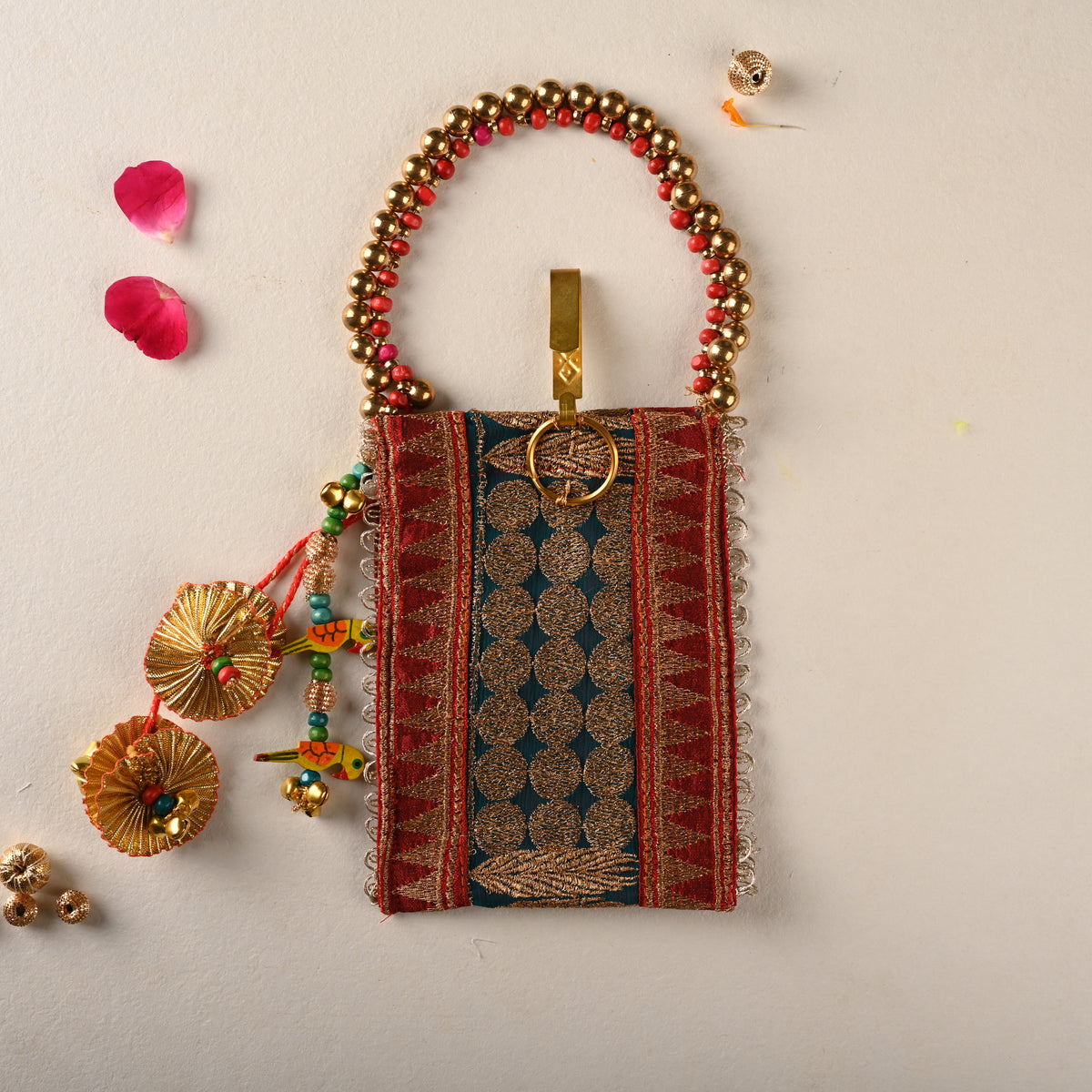 Teal & Maroon Zari Embroidered Mobile Cover with Beaded Handle