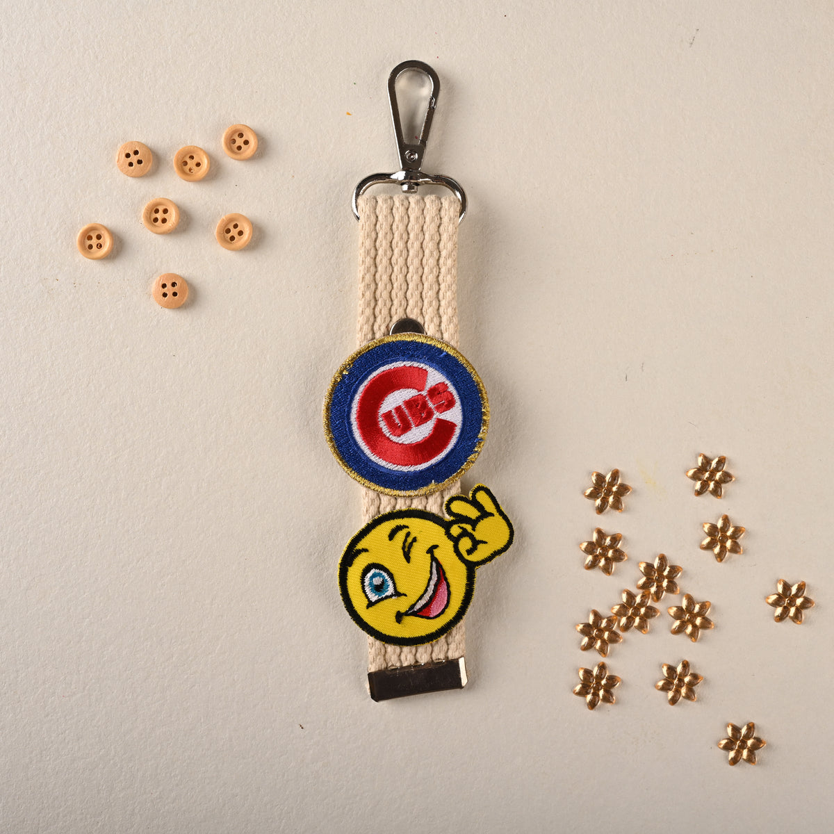 Baseball Patch & Winking Smiley Embroidered Strap Charm