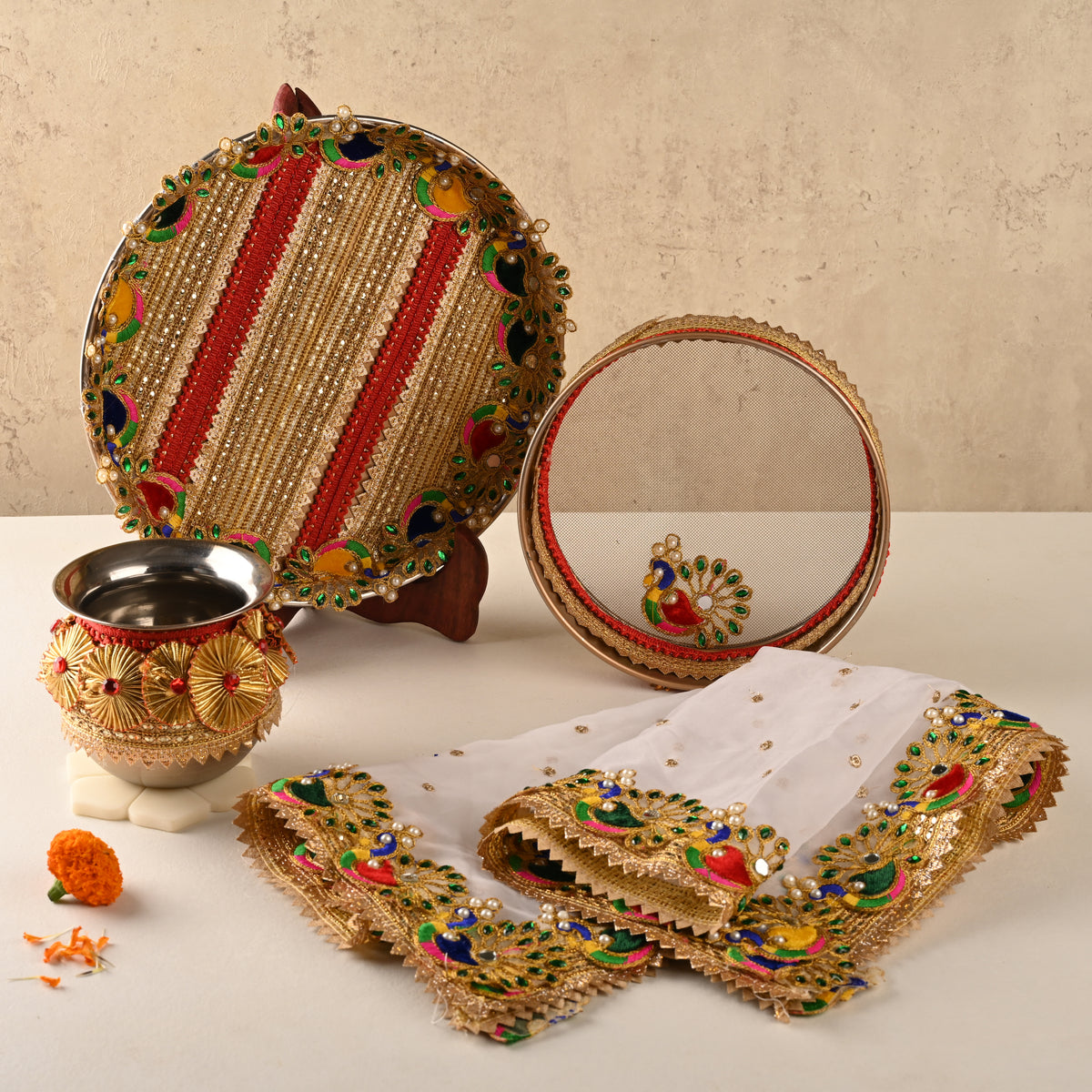 Peacock Gota Karwa Chauth Thali Set – Thali, Lota, Channi & Cover