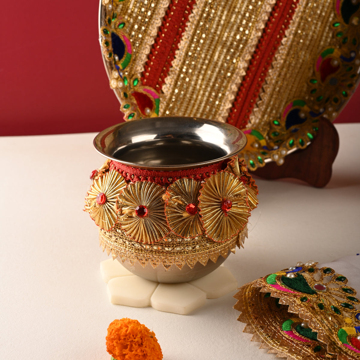 Peacock Gota Karwa Chauth Thali Set – Thali, Lota, Channi & Cover