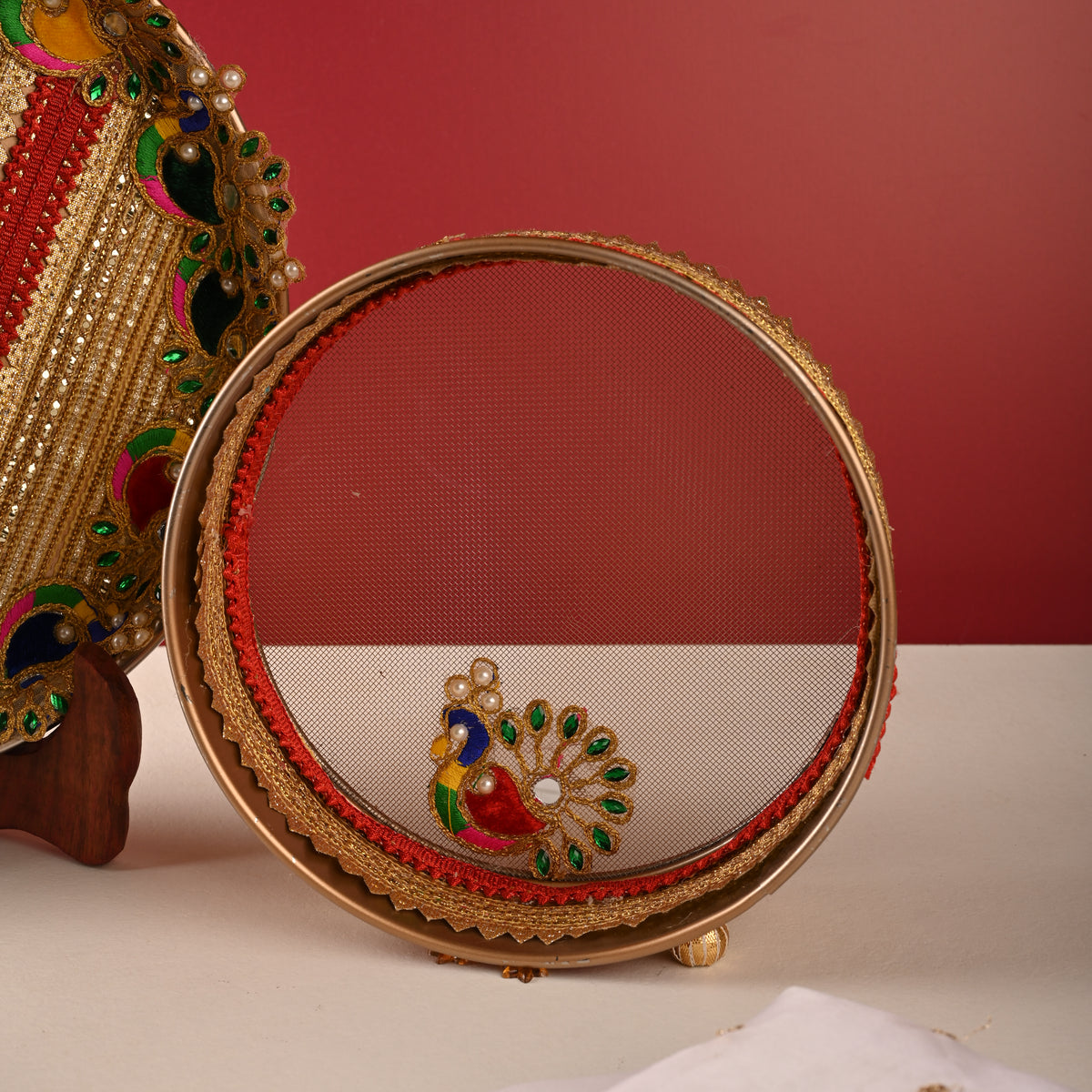 Peacock Gota Karwa Chauth Thali Set – Thali, Lota, Channi & Cover