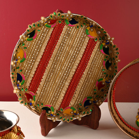 Peacock Gota Karwa Chauth Thali Set – Thali, Lota, Channi & Cover