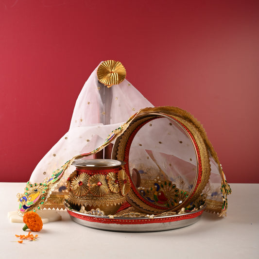 Peacock Gota Karwa Chauth Thali Set – Thali, Lota, Channi & Cover