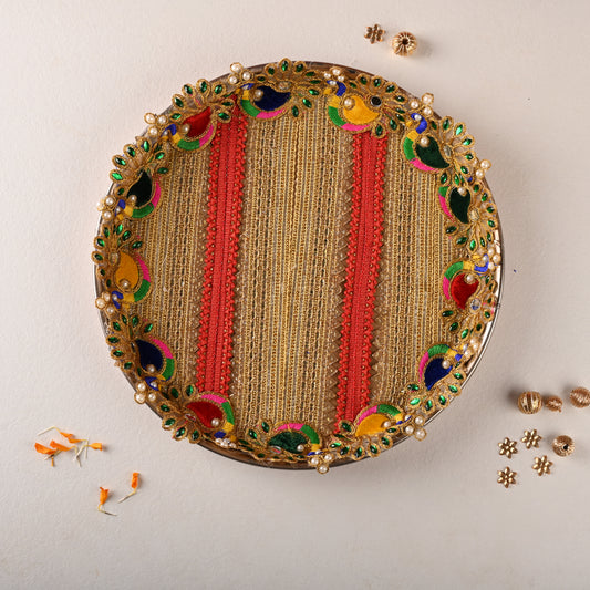 Peacock Embroidered Gota Decorative Pooja Thali