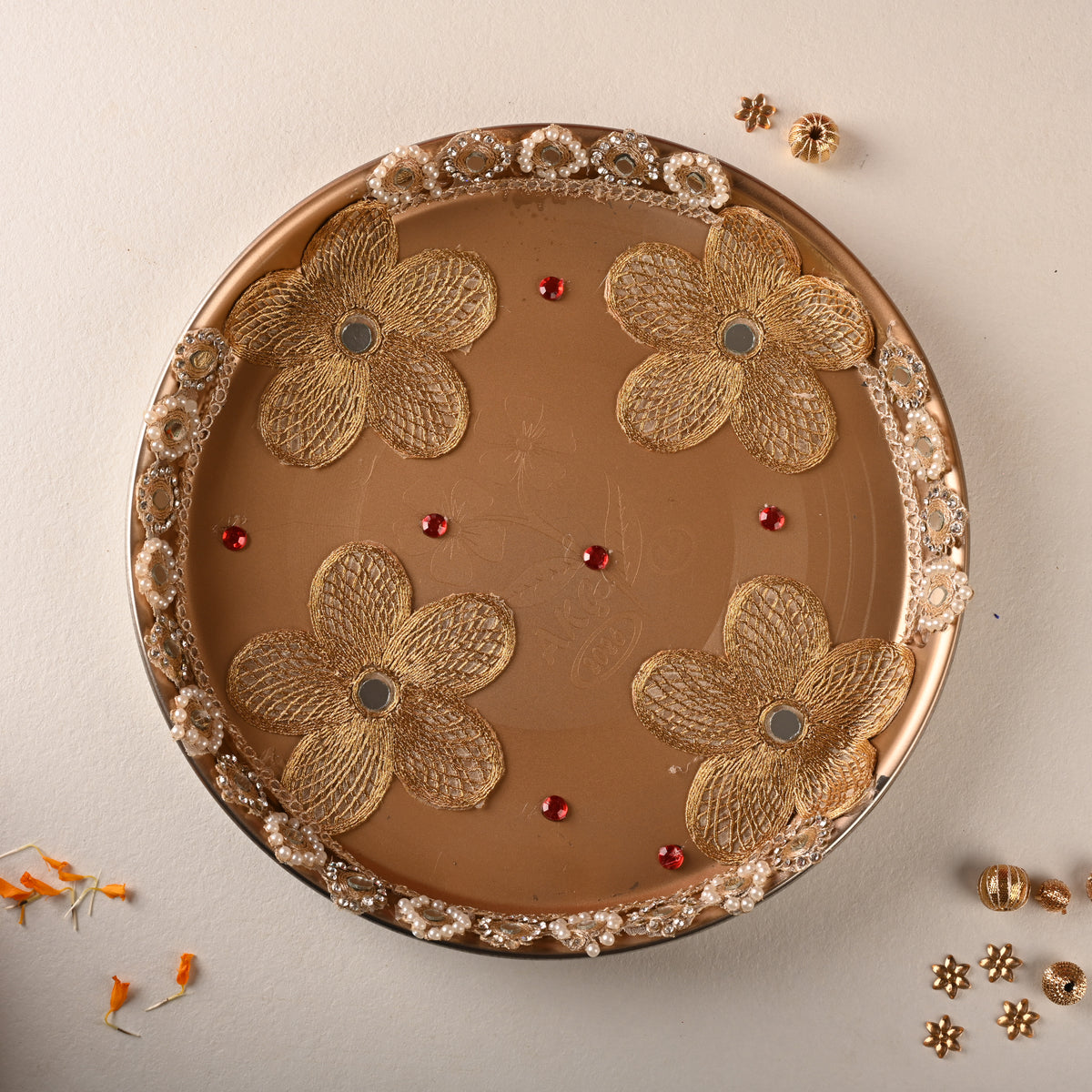 Golden Floral Zari Decorative Pooja Thali
