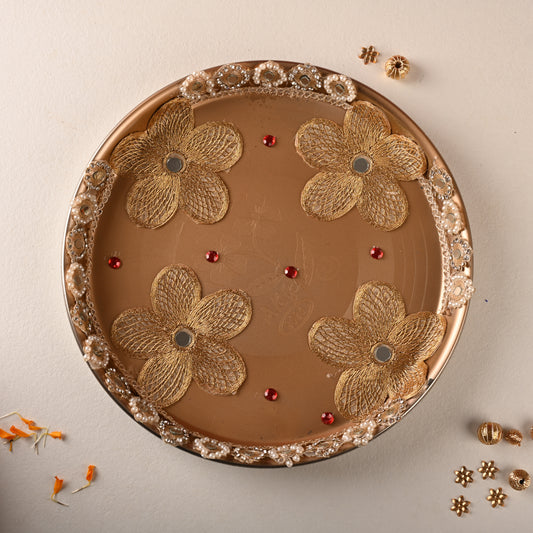 Golden Floral Zari Decorative Pooja Thali
