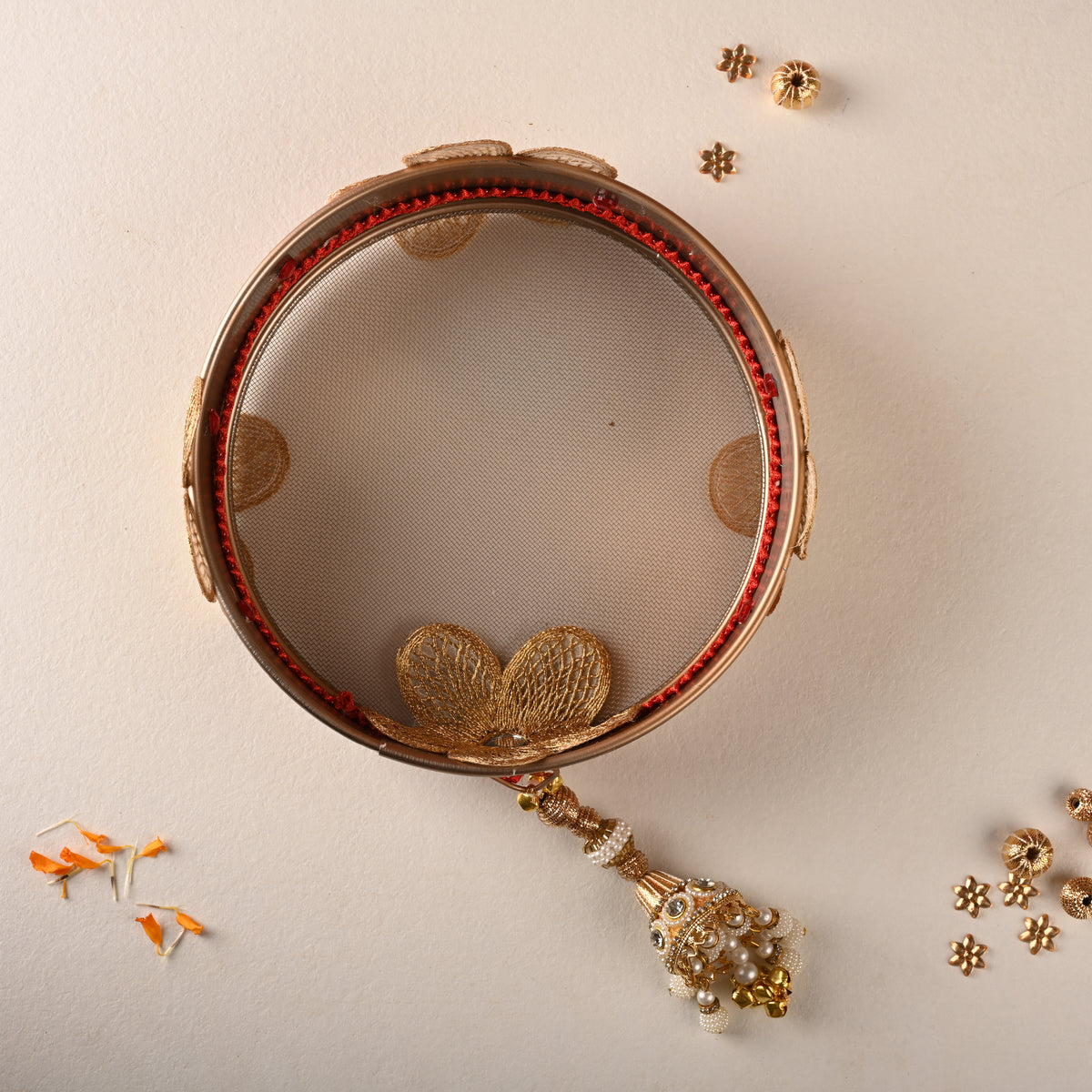 Golden Floral Karwa Chauth Thali Set – Thali, Lota, Channi & Cover