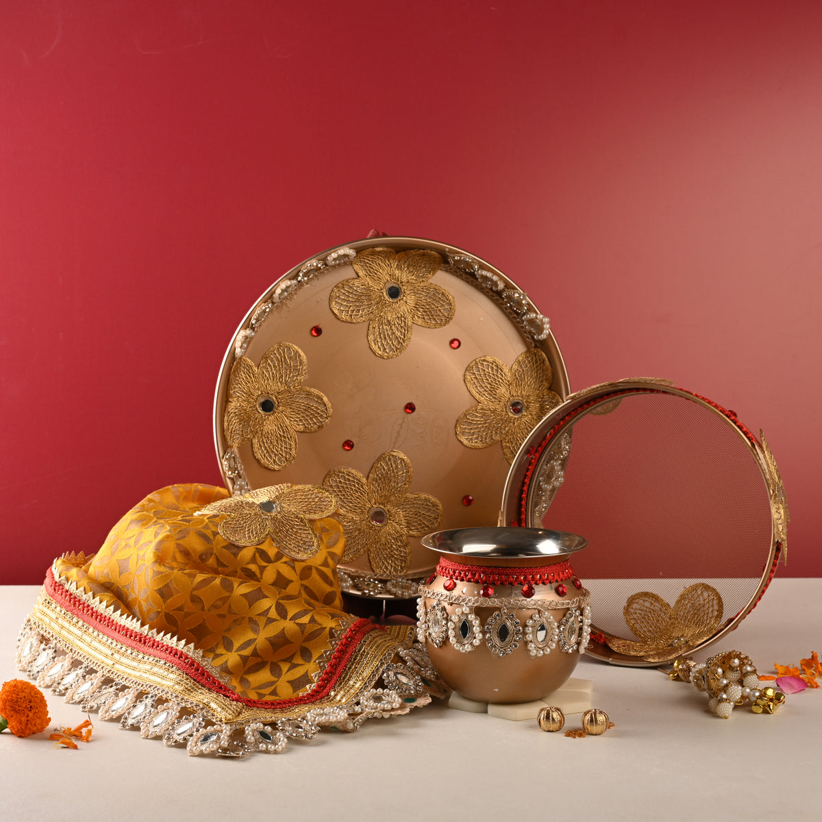 Golden Floral Karwa Chauth Thali Set – Thali, Lota, Channi & Cover