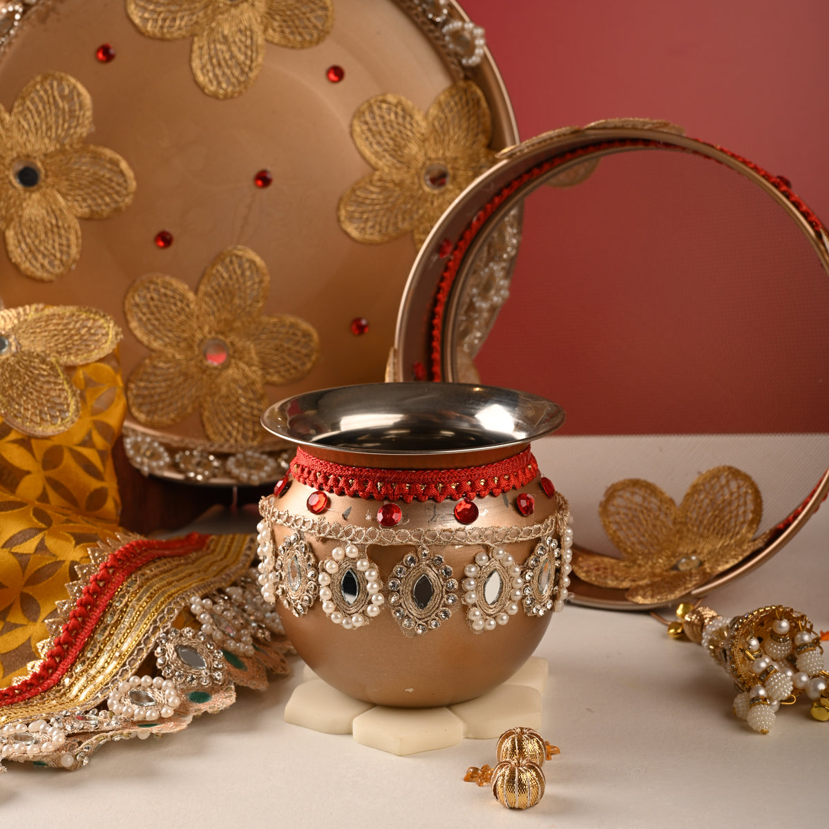 Golden Floral Karwa Chauth Thali Set – Thali, Lota, Channi & Cover