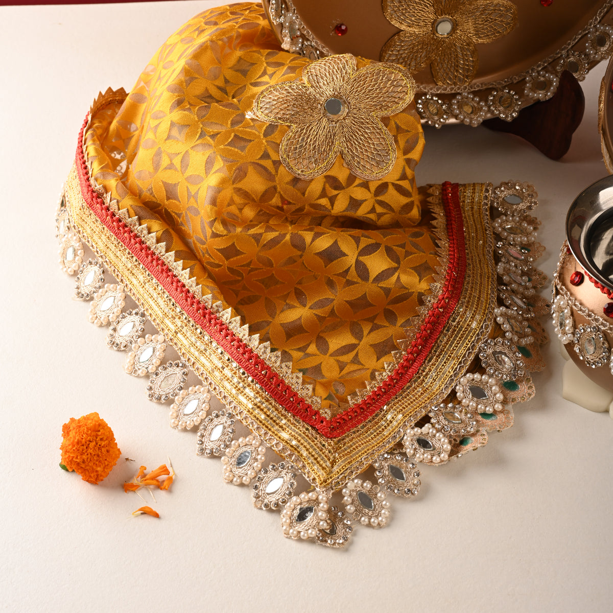 Golden Floral Karwa Chauth Thali Set – Thali, Lota, Channi & Cover