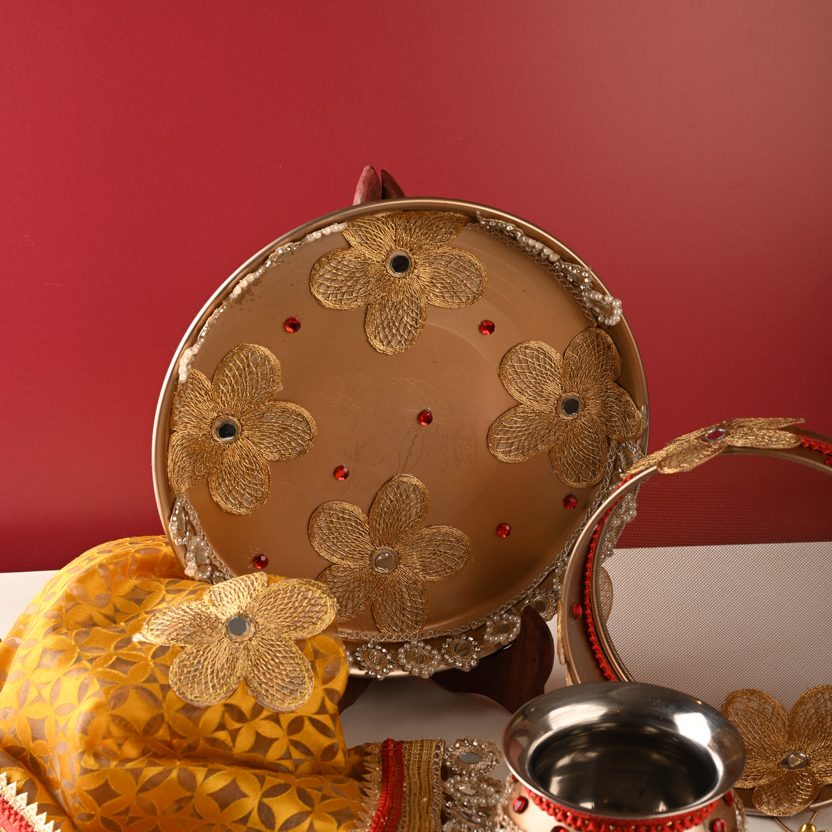 Golden Floral Karwa Chauth Thali Set – Thali, Lota, Channi & Cover