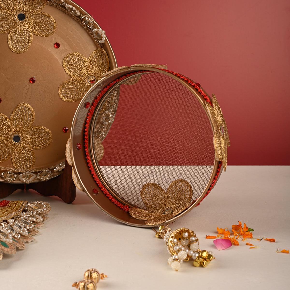 Golden Floral Karwa Chauth Thali Set – Thali, Lota, Channi & Cover