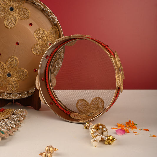 Golden Floral Karwa Chauth Thali Set – Thali, Lota, Channi & Cover