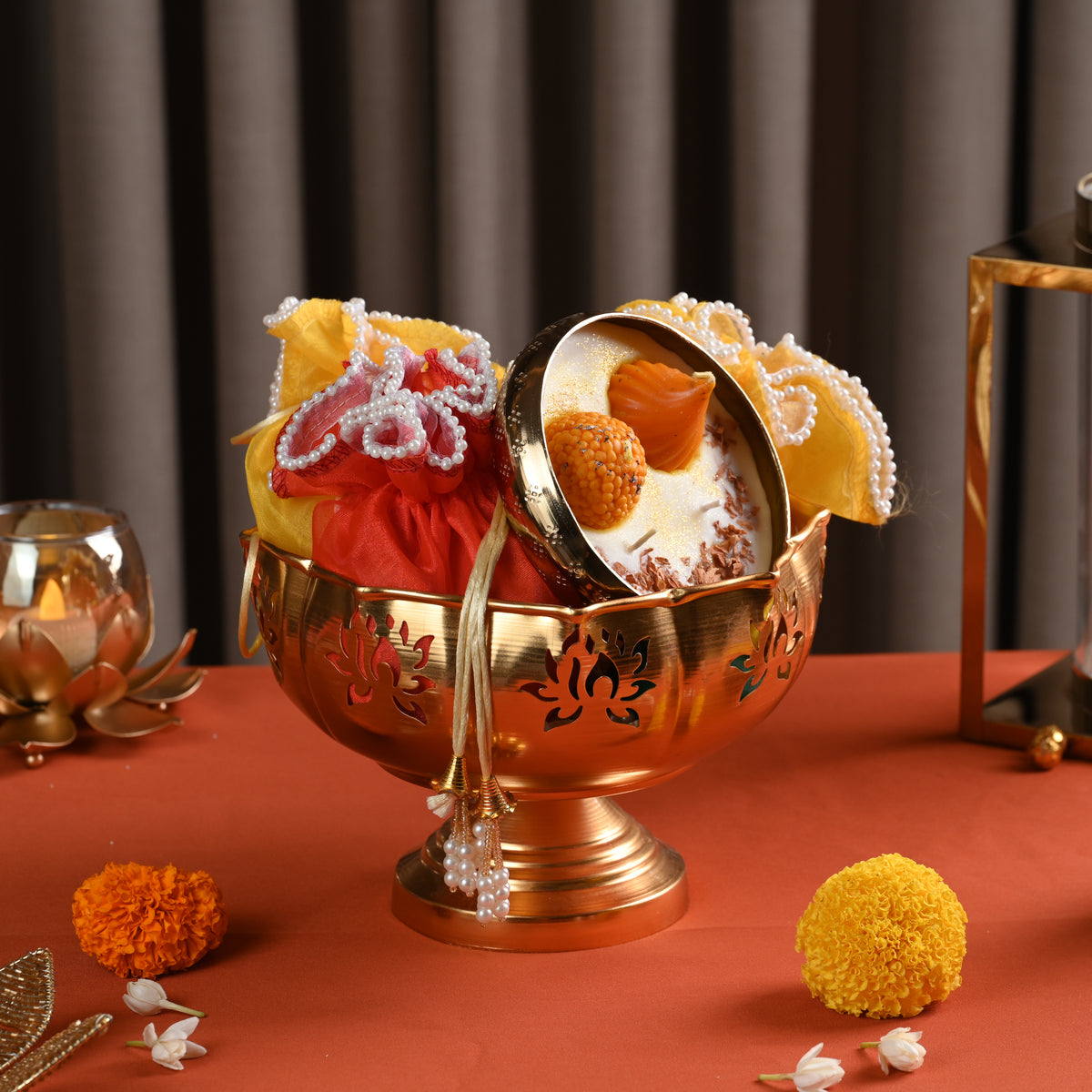Golden Urli with Mithai Candle