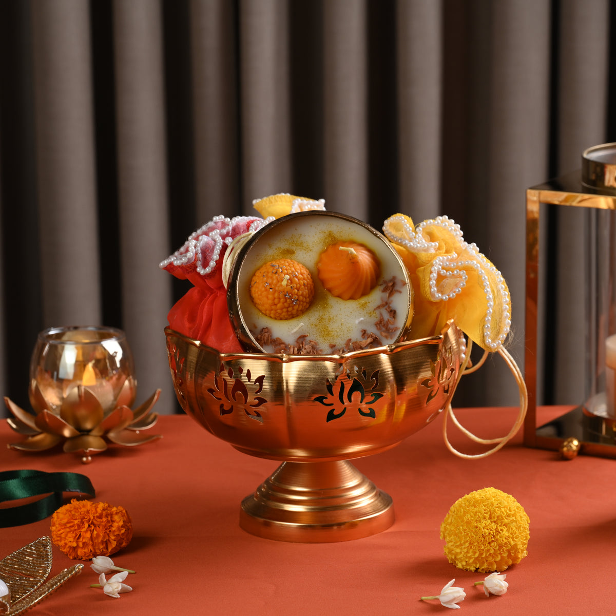 Golden Urli with Mithai Candle