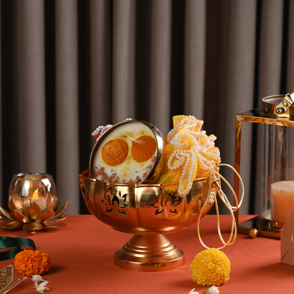 Golden Urli with Mithai Candle