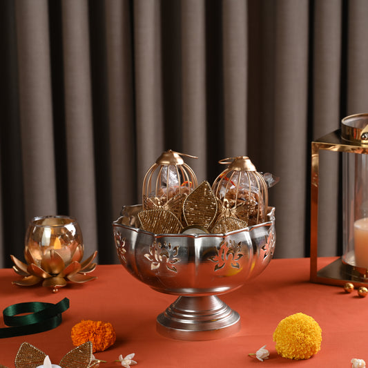 Silver Urli with Bird Cages